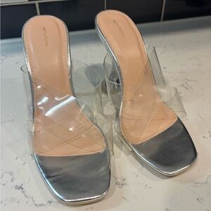 PrettyLittleThing Metallic Silver Heels with Clear Straps